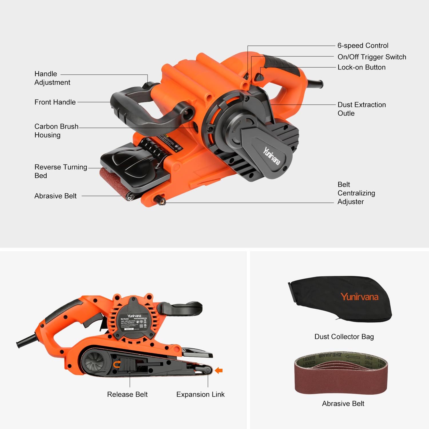 Yunirvana 8 Amp Belt Sander Variable Speed 120-380RPM Includes 5 Sanding Belts (3x21 Inch) and Dust Bag Ideal for Stock Removal