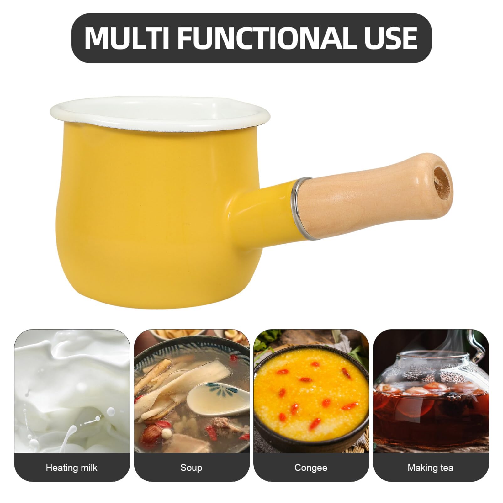 HOLIDYOYO Enamel Milk Pan Sauce Pan Butter Warmer Noodle Bowl Ceramic Mini Cooking Pot with Wood Handle for Noodle Butter Coffee Baby Food