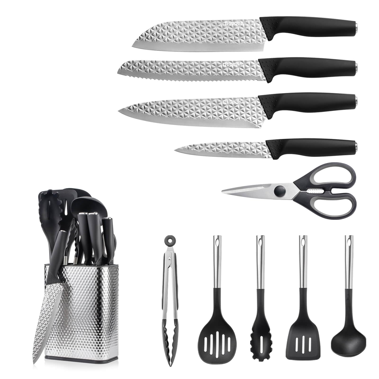 GOODA Kitchen Utensil Knife Set,11-Piece Heat-Resistant Nylon Kitchen Utensils&Cooking Knives Set with Block For Kitchen,11-in-1 Kitchen Tools Set with Holder