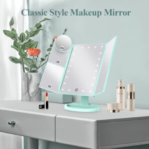 HUONUL Makeup Mirror Vanity with Lights, 2X 3X 10X Magnification, Lighted Mirror, Touch Control, Trifold Dual Power Supply, Portable LED Women Gift (Green)