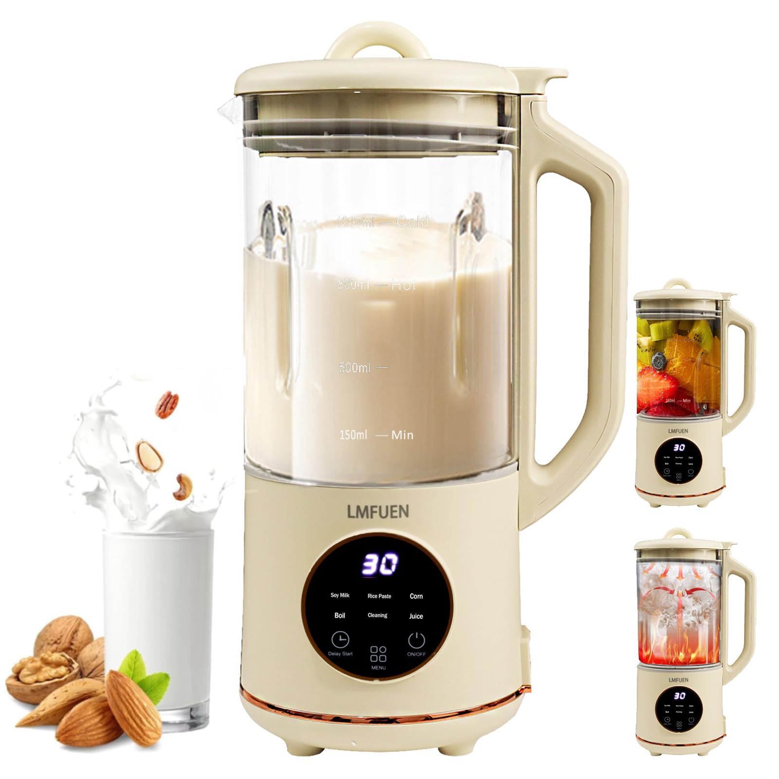 Automatic Nut Milk Maker,40oz Soy Milk Maker for Homemade Almond,Oat,Soy Milk,Plant-Based Milk,Soup Maker Machine,Milk Maker Machine with Delay Start/Keep Warm/Self Clean/Boil Water (White)