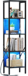 furologee 5 tier book shelf with led light, tall display bookcase with back, narrow industrial standing shelving units, metal and wooden storage rack for bedroom, living room, office, black oak