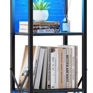 Furologee 5 Tier Book Shelf with LED Light, Tall Display Bookcase with Back, Narrow Industrial Standing Shelving Units, Metal and Wooden Storage Rack for Bedroom, Living Room, Office, Black Oak