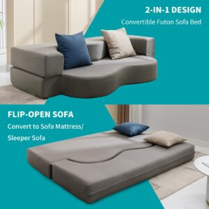 Mjkone Folding Sofa Bed, Fold Out Futon Sofá Bed, Foldable Floor Couch Bed with Memory Foam, Convertible Full Sleeper Couch Bed, Stylish Lazy Sofa Bed for Living Room, Guest Room-Light Gray