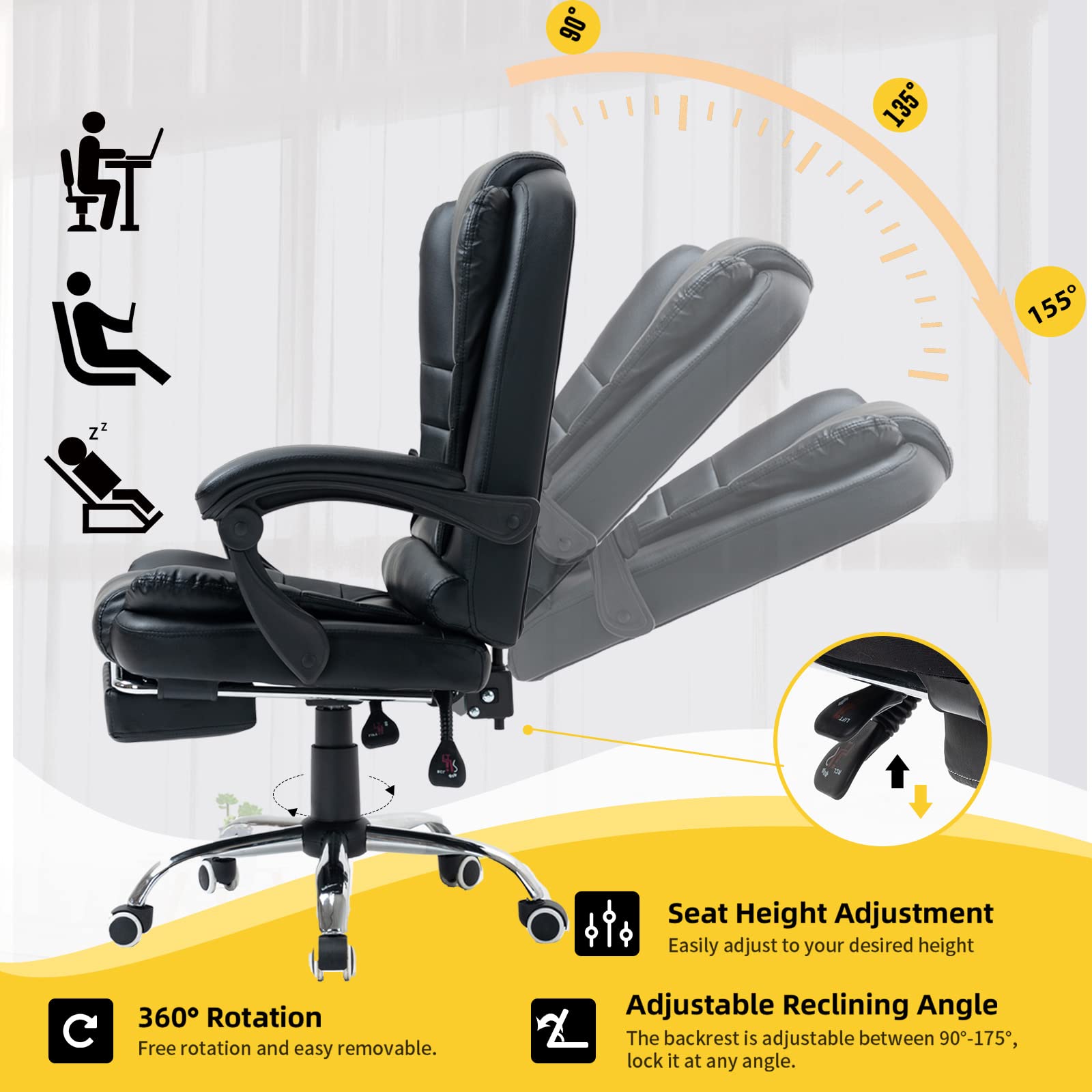 Joyo Funiture Vibration Massage Office Chair, Reclining Office Chair w/Footrest, High-Back Office Chair, PU Leather Computer Desk Chair w/Height & Armrest Adjustable, 280 lb Capacity, Black