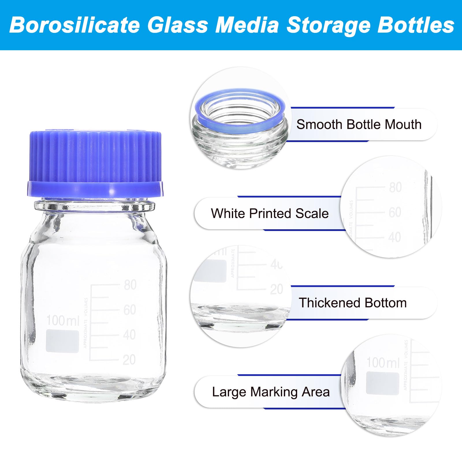 PATIKIL 10 Pack Reagent Media Storage Bottles, 100ml Borosilicate Glass Graduated Round Bottles with GL32 Blue Screw Cap for Lab Water Reagent Liquids, Clear