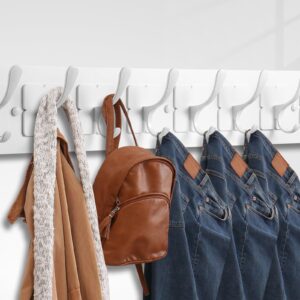 VIEBSOTG Coat Rack Wall Mounted,Wooden Wall Coat Rack with 8 Double Hooks for Hanging Clothes,Coats,Hats,Jackets,31.5inch (White, 8 Hooks)