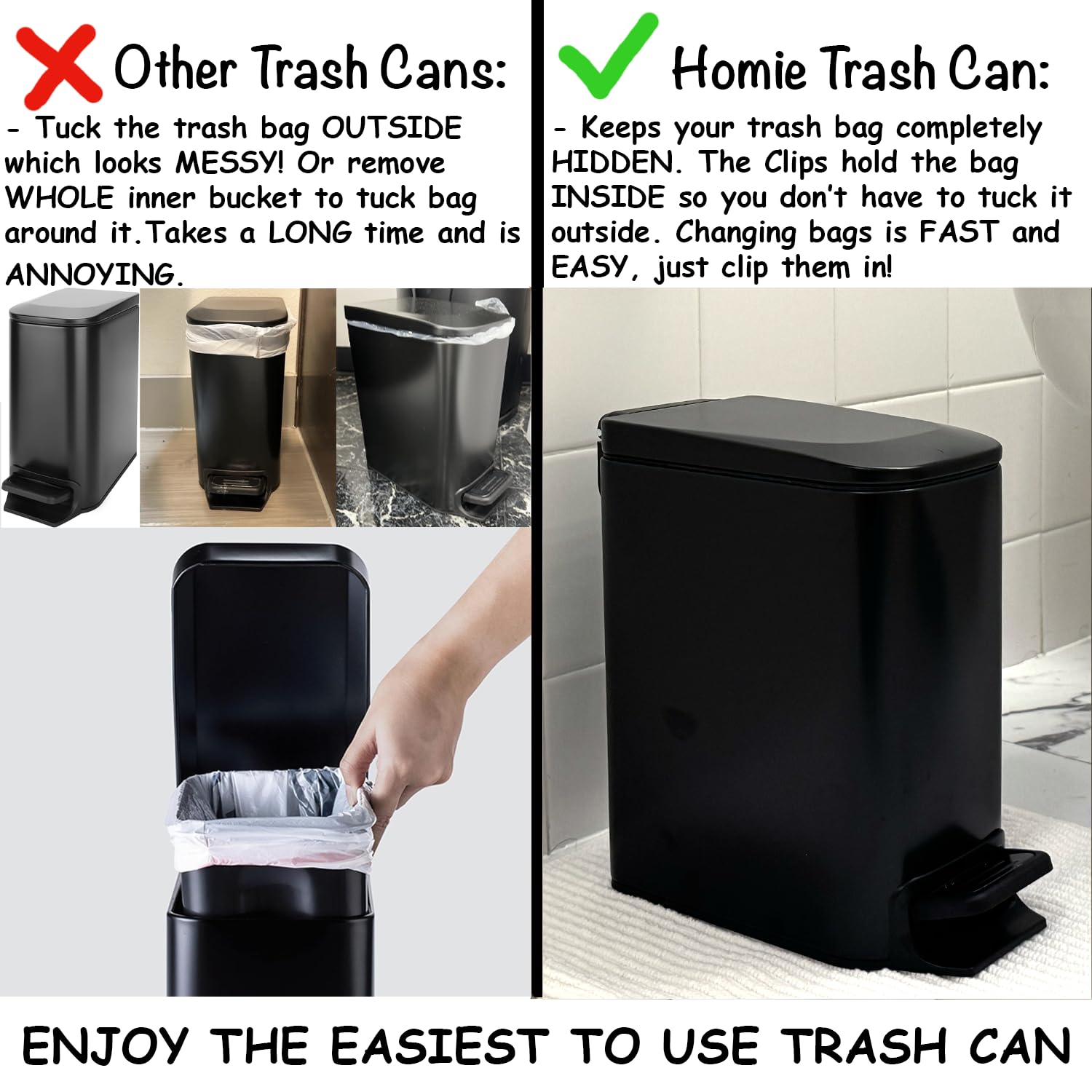 Homie Soft Close, Slim Trash Can 6 Liter / 1.6 Gallon with Anti - Bag Slip Liner and Lid, Use as Mini Garbage Basket, Slim Dust Bin, or Decor in Bathroom, Restroom, Kitchen, or Bedroom (Matte Black)