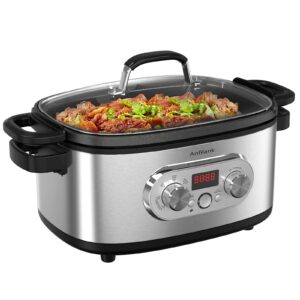 anfilank 10-in-1 programmable slow cooker with timer, 6.8 quart crock pot, presets to sous vide, bake, sauté, cook rice& more, nonstick dishwasher-safe pot, adjustable temp&time, stainless steel