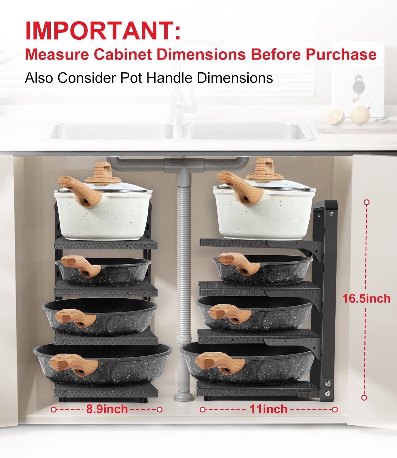 SIMPFIT Pots and Pans Organizer under Cabinet, Heavy Duty Pan Organizers for Cabinet & Counter, 4 Tier Adjustable Pan & Pot Rack for Kitchen Cabinet Organizers and Storage