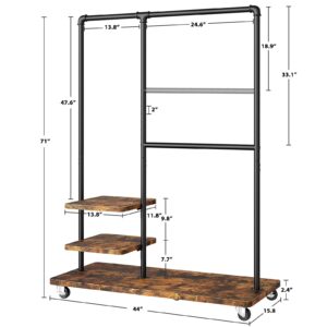 Raybee Industrial Pipe Clothes Rack Heavy Duty Clothing Racks for Hanging Clothes, 400LBS Clothes Rack with Shelves Wheels, Portable Adjustable Rolling Garment Rack for Hanging Clothes, Rustic Brown