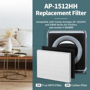 AP-1512HH Filter Compatible with Coway Airmega AP-1512HH, AP-1512HH-FP, AP-1518R, AP-1519P, and 200M Series Air Purifiers, Part # 3304899 (4 HEPA & 4 Carbon Filter)