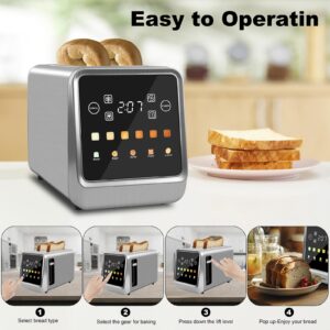 Touch Screen Toaster 2 Slice, Bagel Toaster with LCD Display, Stainless Steel Smart Digital Toasters with Single Slot Toasting,Memory Function