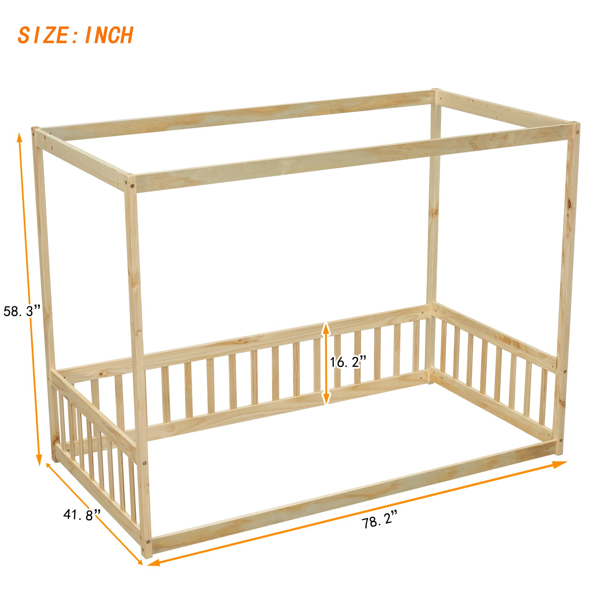 Wood Twin Size Canopy Frame Floor Bed with Fence and Guardrails,for Kids Toddler Boys Girls Teens Bedroom Use (Natural@Fence, Twin)