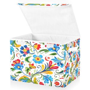 Wassud Storage Bins with Lids Colorful Flower Pattern Collapsible Stackable Fabric Linen Baskets Closet Organizer Container,16.5"x12.6"x11.8"