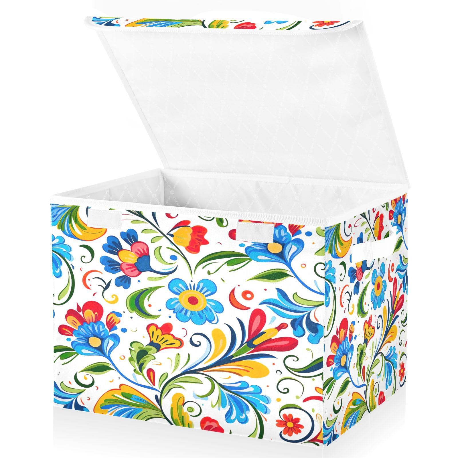 Wassud Storage Bins with Lids Colorful Flower Pattern Collapsible Stackable Fabric Linen Baskets Closet Organizer Container,16.5"x12.6"x11.8"