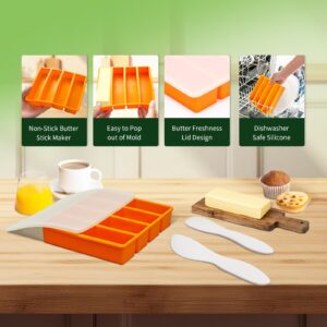 Butter Mold, Butter Molds Silicone with Lid, Quality Rectangle Butter Mold for Homemade Butter with 2 PCS Plastic Butter Spreader Knife, Non-Stick Butter Stick Maker for Refrigerator, Orange, UIRNCO