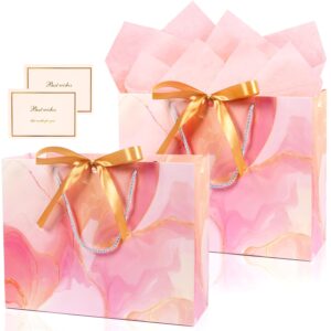 mamunu pink gift bags, 2pcs 13” large gift bags with tissue paper and greeting cards, gift bags with handles bow for women girls, pink gift bags for birthday wedding bridal baby shower anniversaries