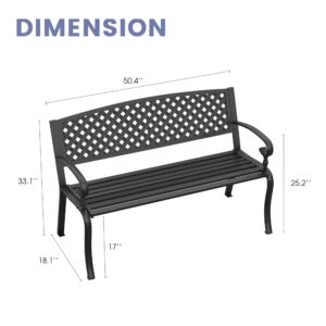 VICLLAX Outdoor Garden Bench, 50” Long Metal Patio Bench with Backrest and Armrests, Modern Slatted Black Park Bench for Front Porch, Lawn, Yard, Garden, Crossed Rhombic Back