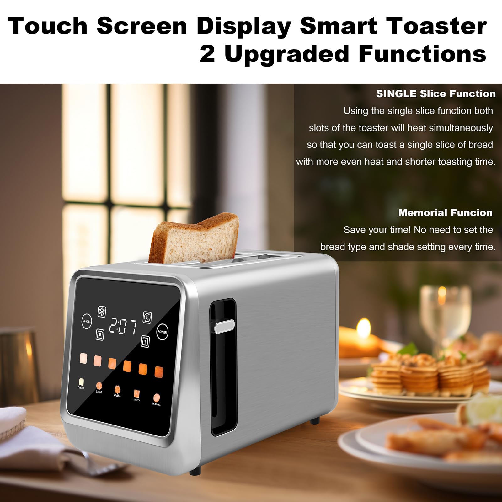 Touch Screen Toaster 2 Slice, Bagel Toaster with LCD Display, Stainless Steel Smart Digital Toasters with Single Slot Toasting,Memory Function