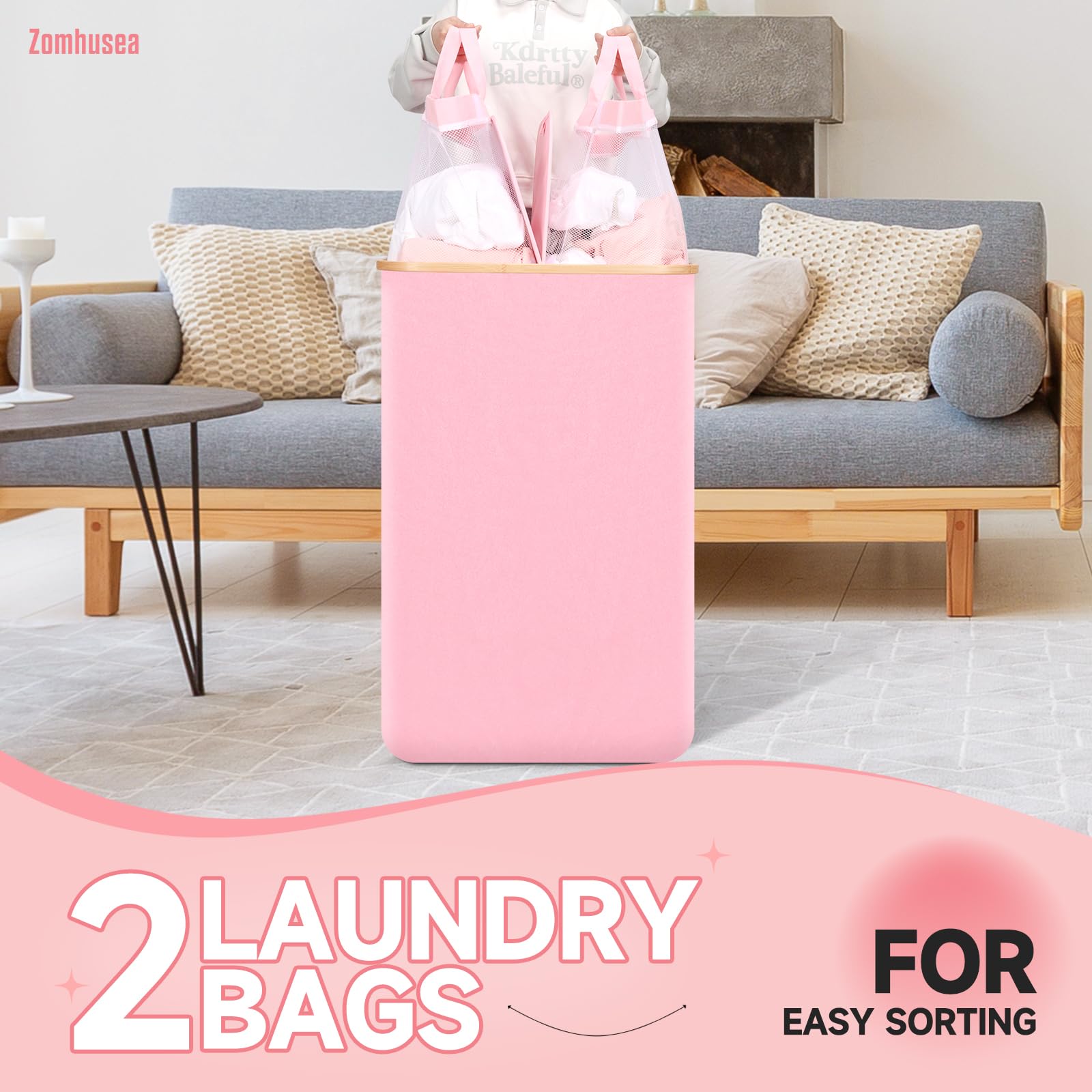 Zomhusea Collapsible Laundry Baskets - Laundry Hamper with Lid, 180L (47.5 Gal) Extra Large Laundry Hamper 2 Section Dirty Clothes Hampers for Laundry Bin Storage with 2 Laundry Bags for Bathroom