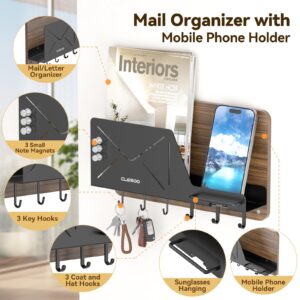 CLESOO Mail Holder Wall Mount - 6 Key Hooks Hanging Mail Organizer with Phone Holder - Letter Storage with Eyeglasses Holder, Magnets - Key Hanger with Shelf for Wall Entryway Hallway