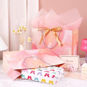 MAMUNU Pink Gift Bags, 2PCS 13” Large Gift Bags with Tissue Paper and Greeting Cards, Gift Bags with Handles Bow for Women Girls, Pink Gift Bags for Birthday Wedding Bridal Baby Shower Anniversaries