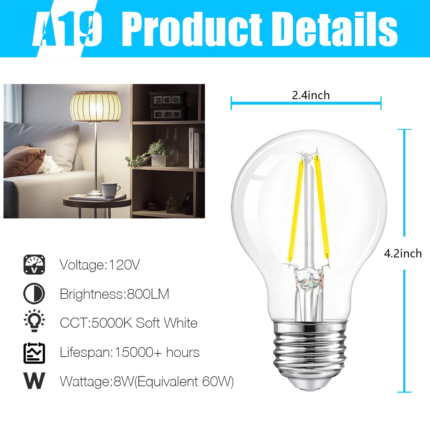 DAYBETTER 4 Pack LED Edison Bulbs, E26 LED Bulb 60W Equivalent, High Brightness 800 LM Daylight White 5000K, A19 LED Filament Light Bulbs, Clear Glass Style for Home, Non-Dimmable