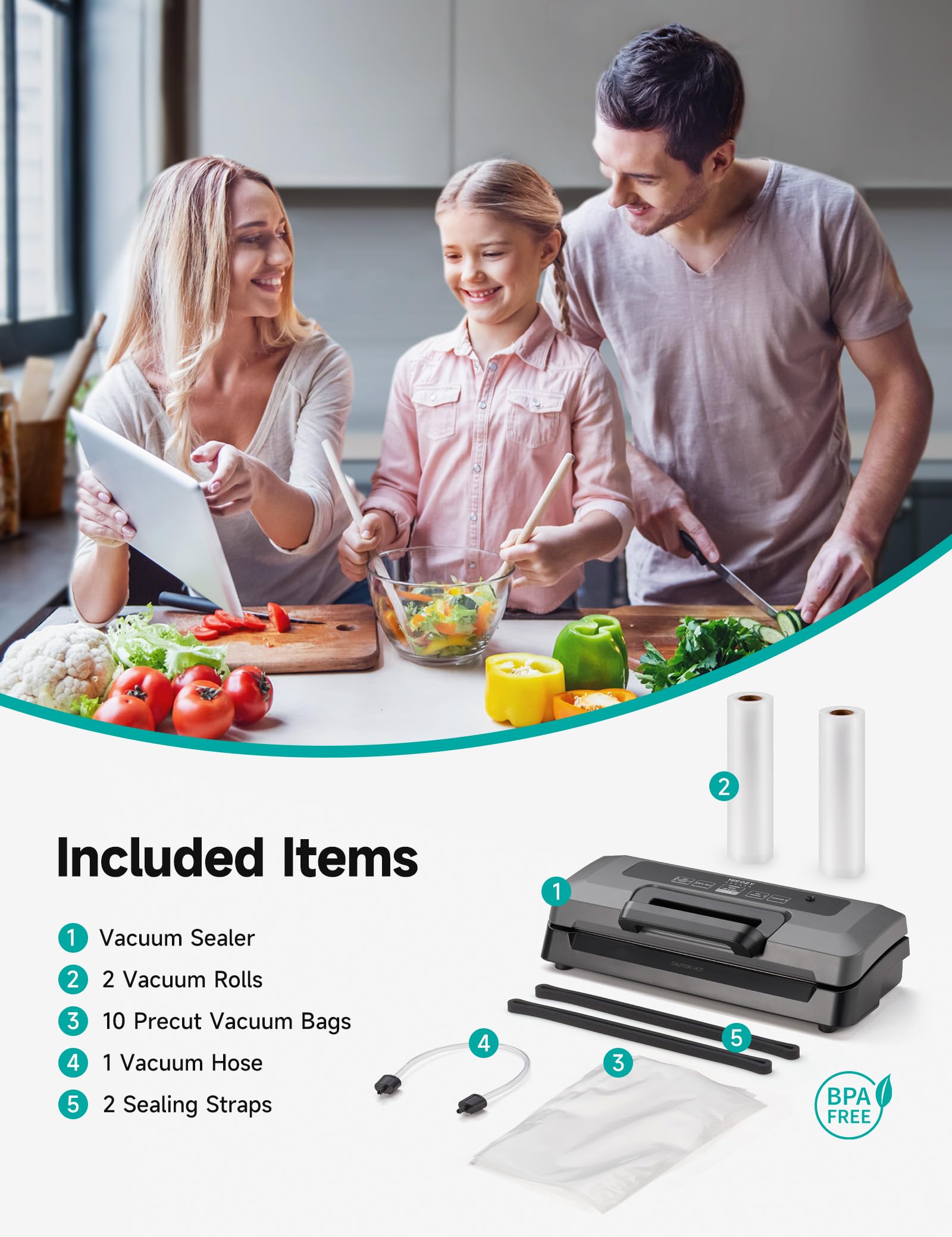 HiCOZY Vacuum Sealer, Full Automatic Vacuum Sealer Machine for Food, Handle Locked Design, Build-in Cutter, Compact Design Food Sealer With All Starter Kits, 5 Modes and 5-Year Quality Commitment