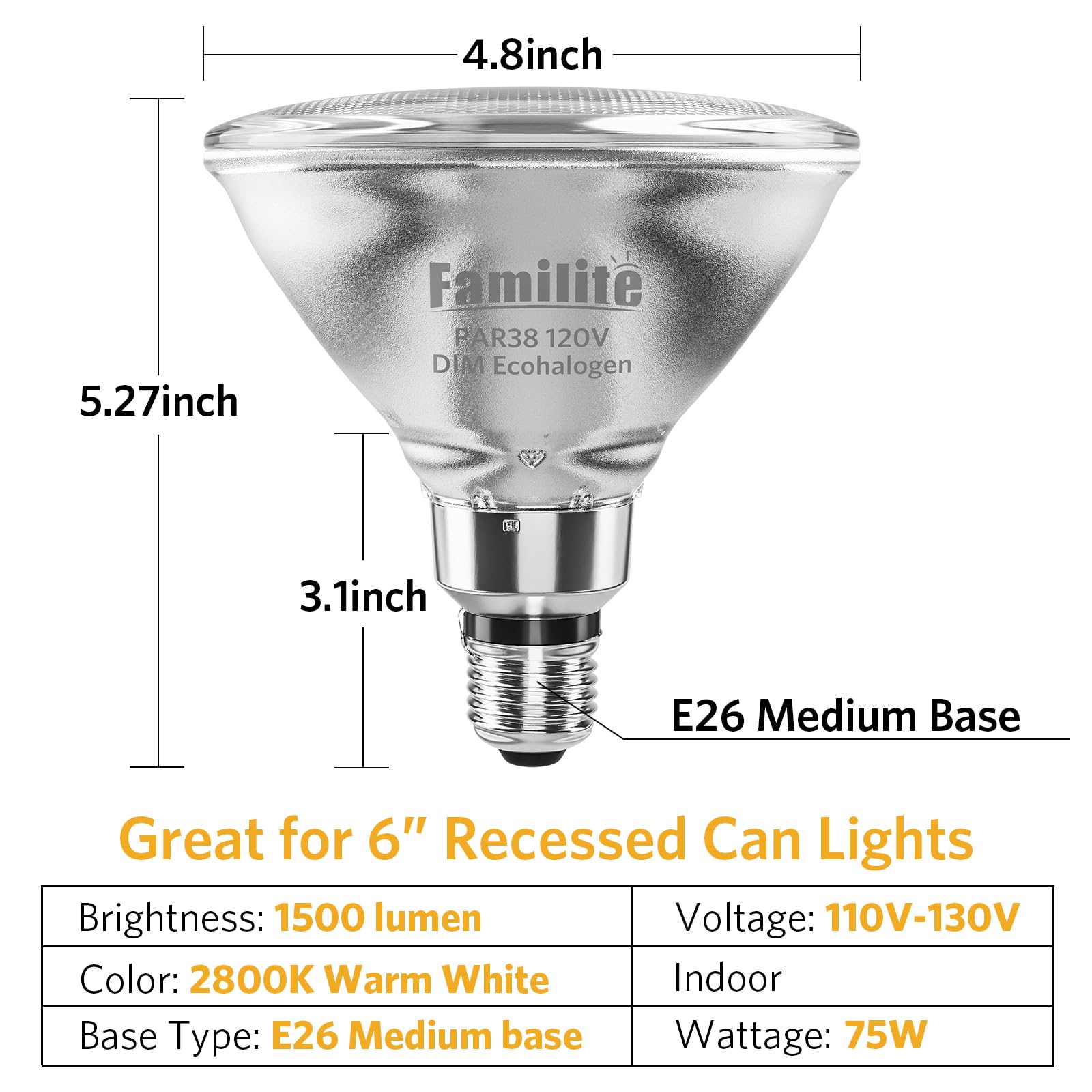 Familite PAR38 Halogen Flood Light Bulbs 75W 1000LM Dimmable Warm White for Reptiles Heating and 6” Recessed Cans Flood Lighting Indoor Outdoor, 4pcs Packed