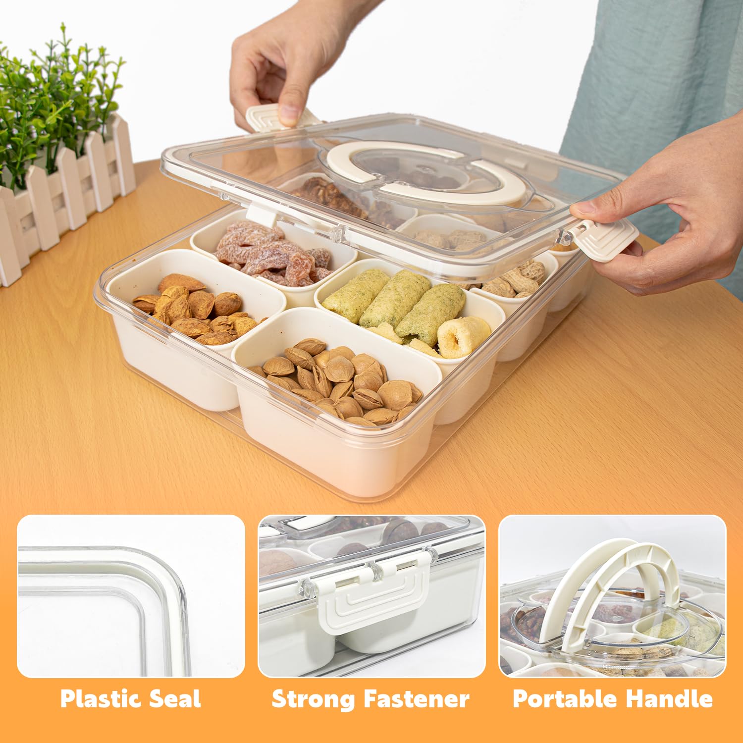 HRXFOZ Divided Serving Tray with Lid and Handle,8 Compartments Snacks Box,Snack Fruit Tray,Veggie Tray,Portable Snack Platter for Candy Fruits Nuts Snack Party Entertaining Picnic (1 PCS)