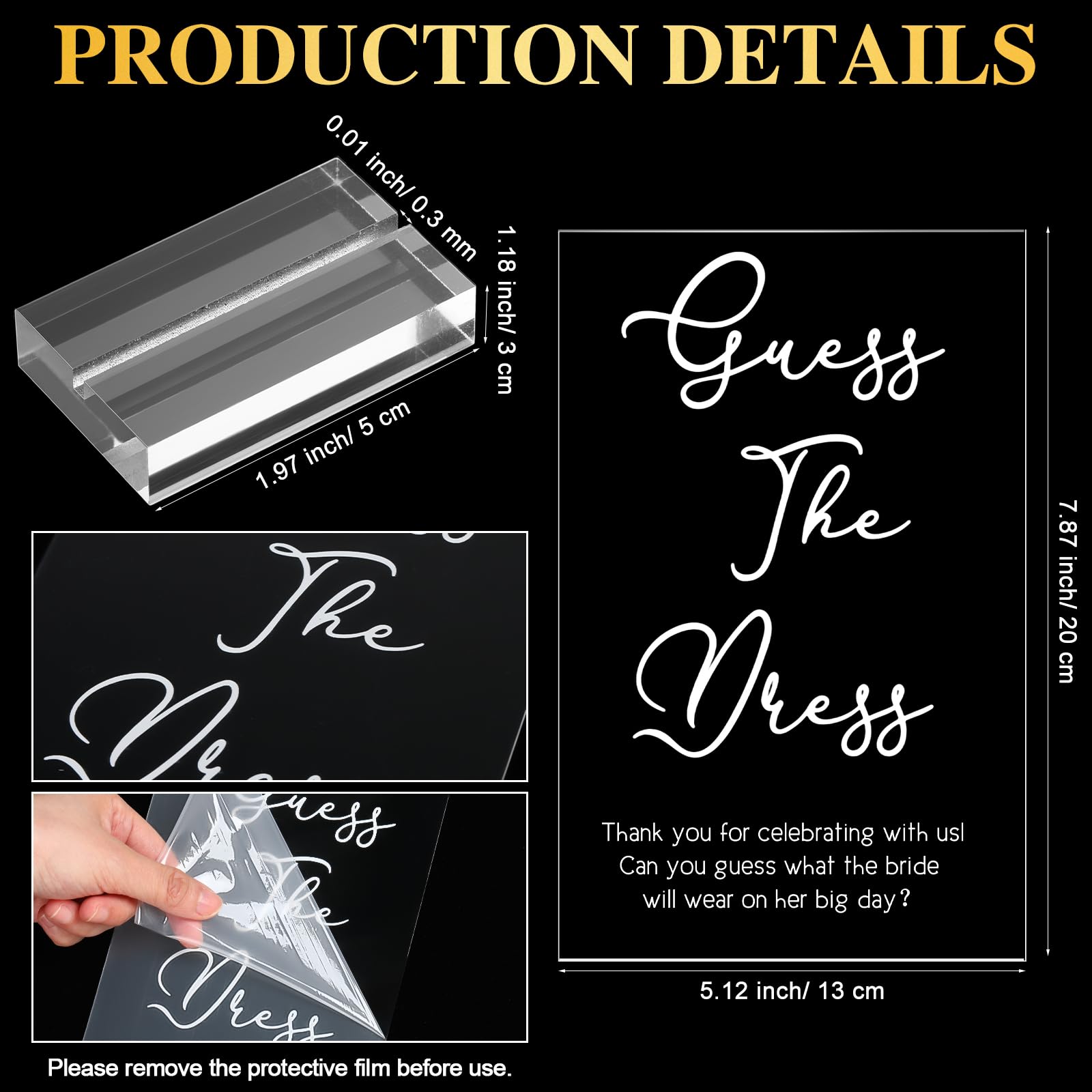 Seajan Guess the Dress Bridal Shower Game Acrylic Bridal Shower Sign Fun Bridal Shower Games Table Sign 50 Black Gold Guessing Cards 20 White Acrylic Pens for Guests Wedding Shower Games Party