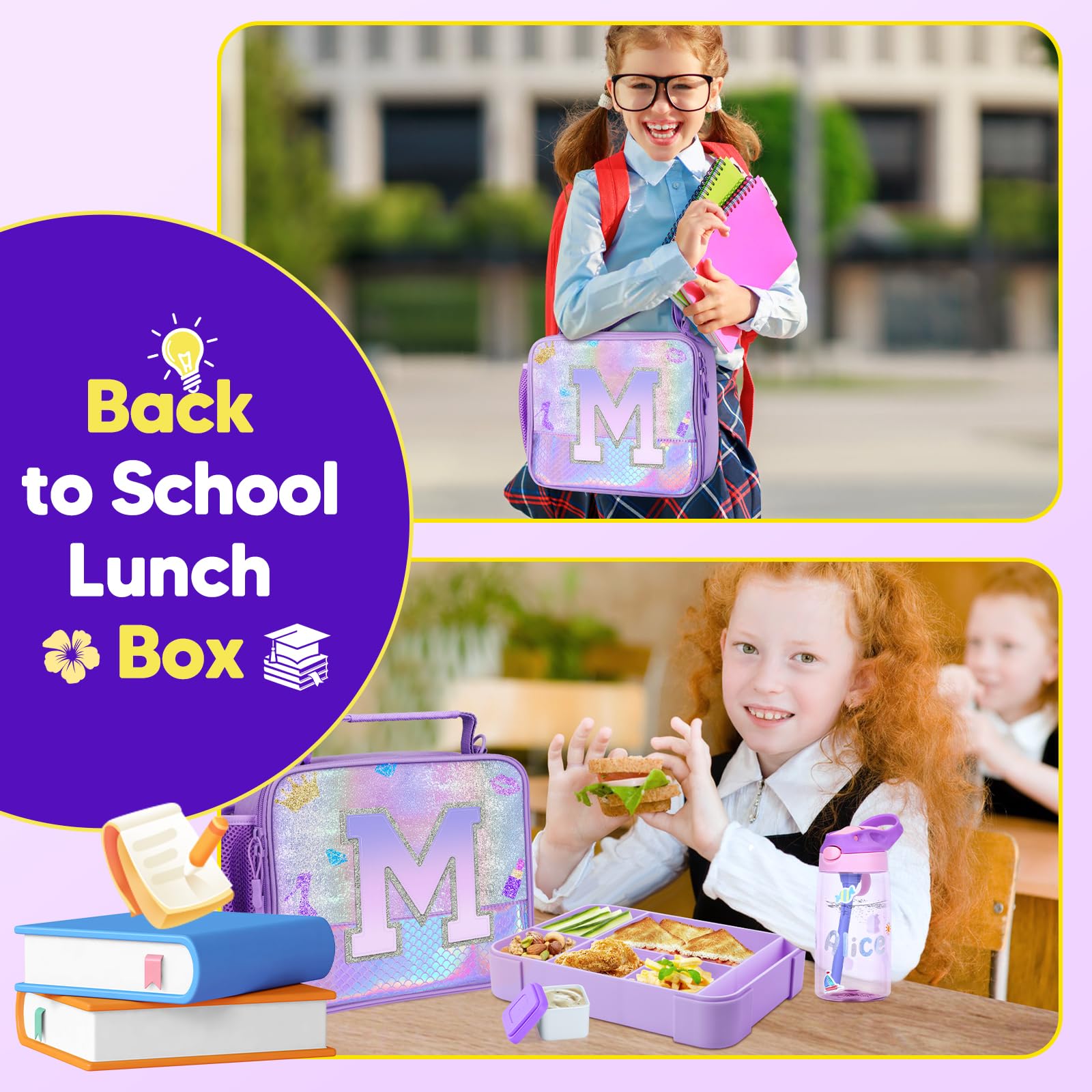 JYPS Lunch Box for Girls-Insulated Lunch Bag,Kids Bento Box with 6 Compartment,Water Bottle,Ice Pack,Salad Container,Perfect Lunch Container for Kids and Toddlers Back to School Age 7-15(Purple M)