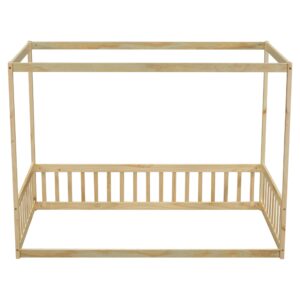 Wood Twin Size Canopy Frame Floor Bed with Fence and Guardrails,for Kids Toddler Boys Girls Teens Bedroom Use (Natural@Fence, Twin)