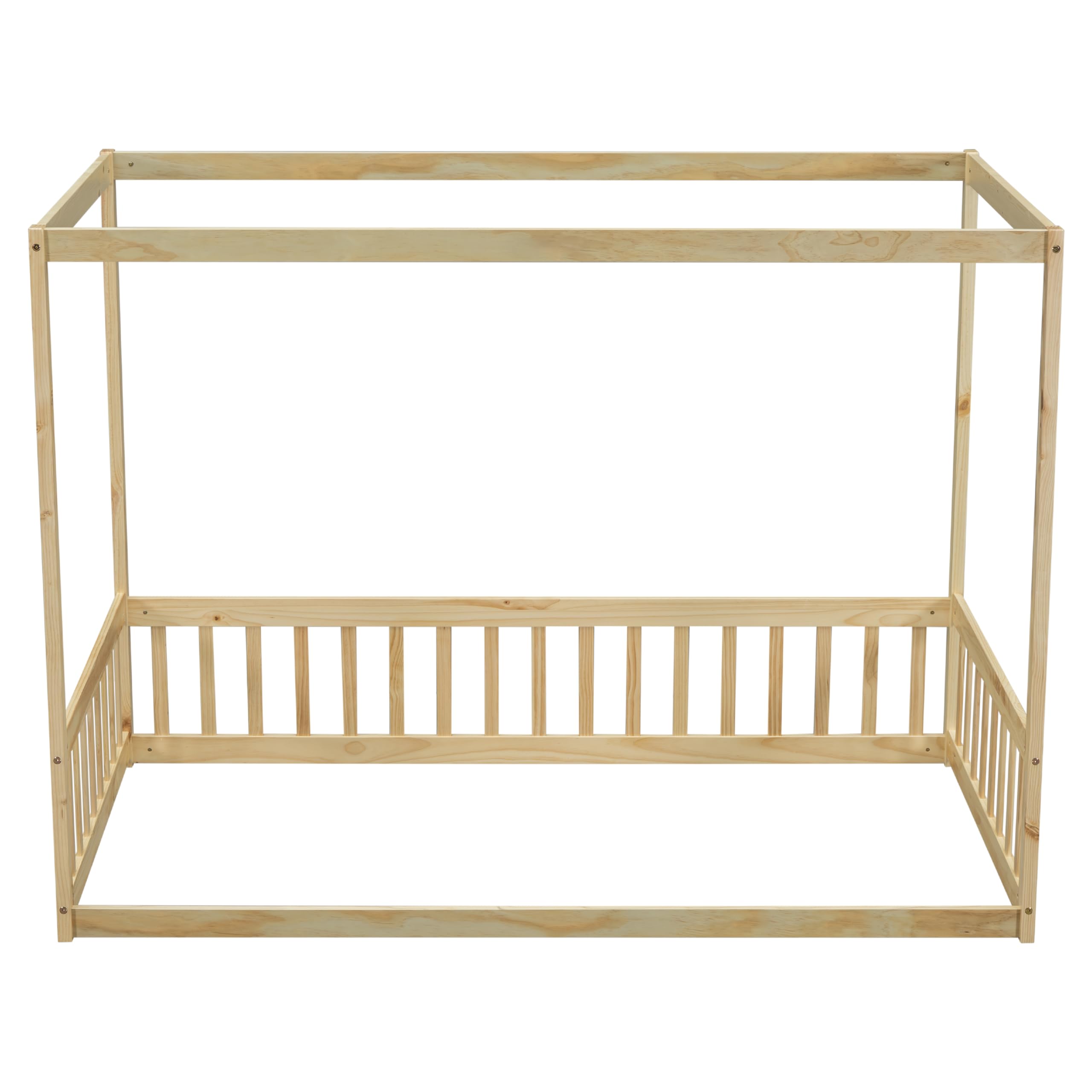 Wood Twin Size Canopy Frame Floor Bed with Fence and Guardrails,for Kids Toddler Boys Girls Teens Bedroom Use (Natural@Fence, Twin)