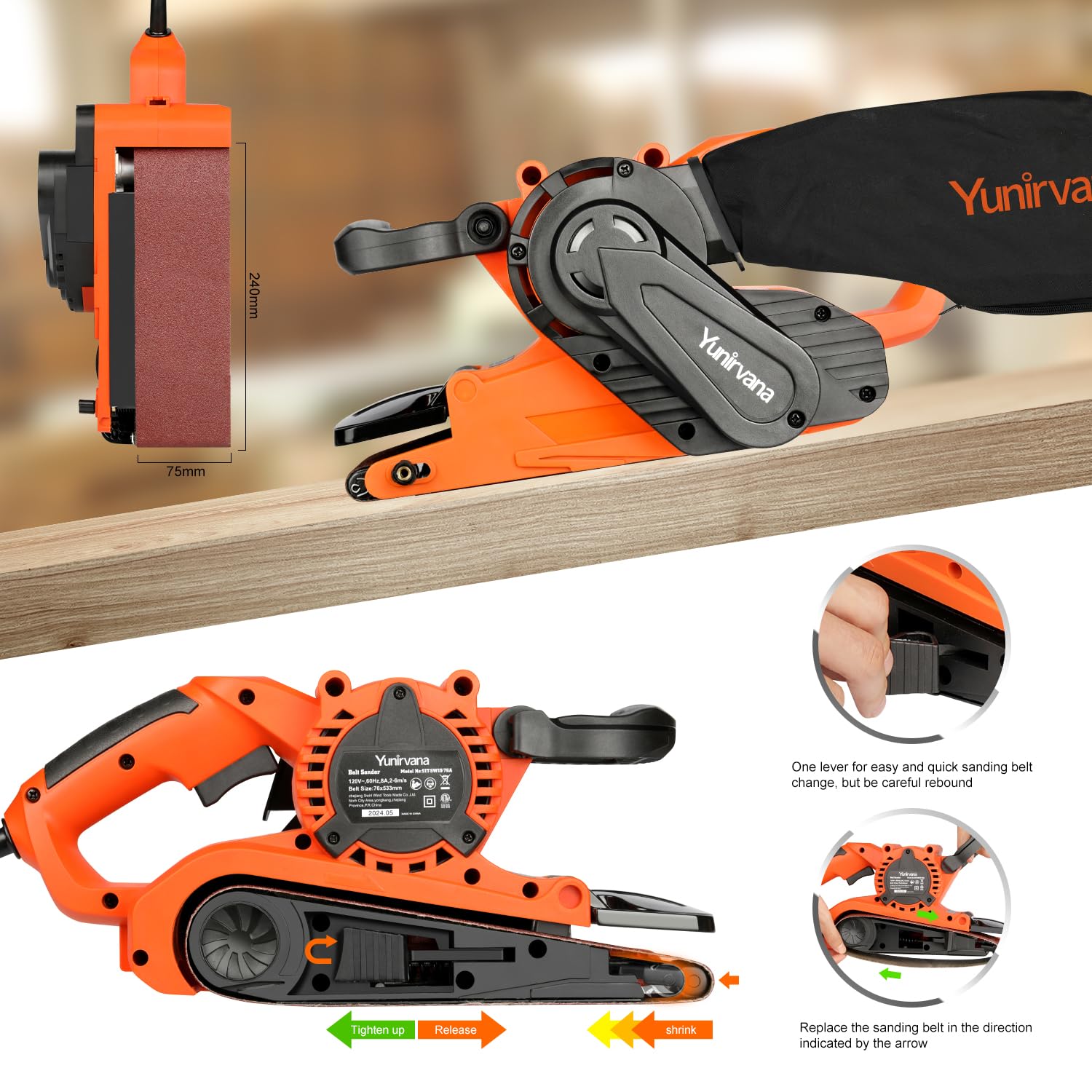 Yunirvana 8 Amp Belt Sander Variable Speed 120-380RPM Includes 5 Sanding Belts (3x21 Inch) and Dust Bag Ideal for Stock Removal