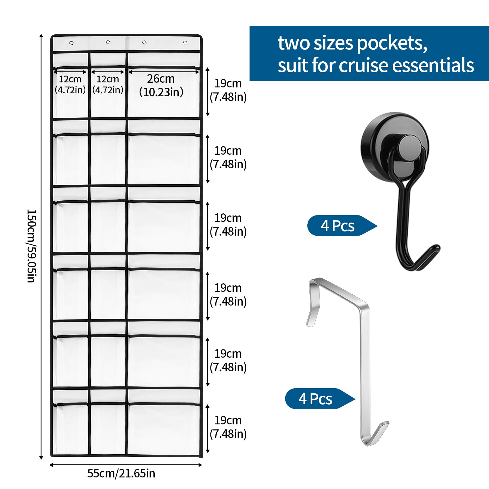 sussie daddy 18-Pocket Cruise Cabin Organizer Versatile Over Door Shoe Hanger with Durable Mesh Cotton & Extra Magnetic Hooks Accommodating Small to Large Items, Perfect for Cruising Travelers