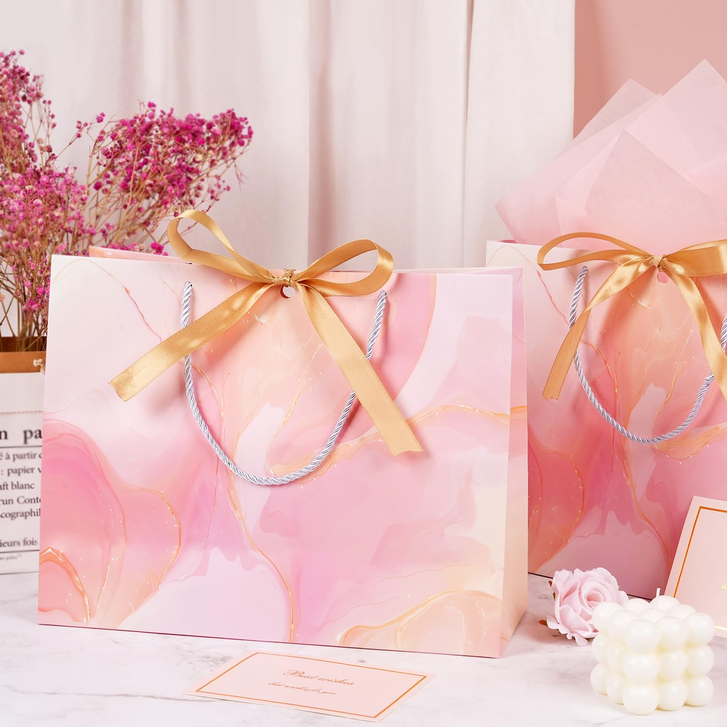 MAMUNU Pink Gift Bags, 2PCS 13” Large Gift Bags with Tissue Paper and Greeting Cards, Gift Bags with Handles Bow for Women Girls, Pink Gift Bags for Birthday Wedding Bridal Baby Shower Anniversaries