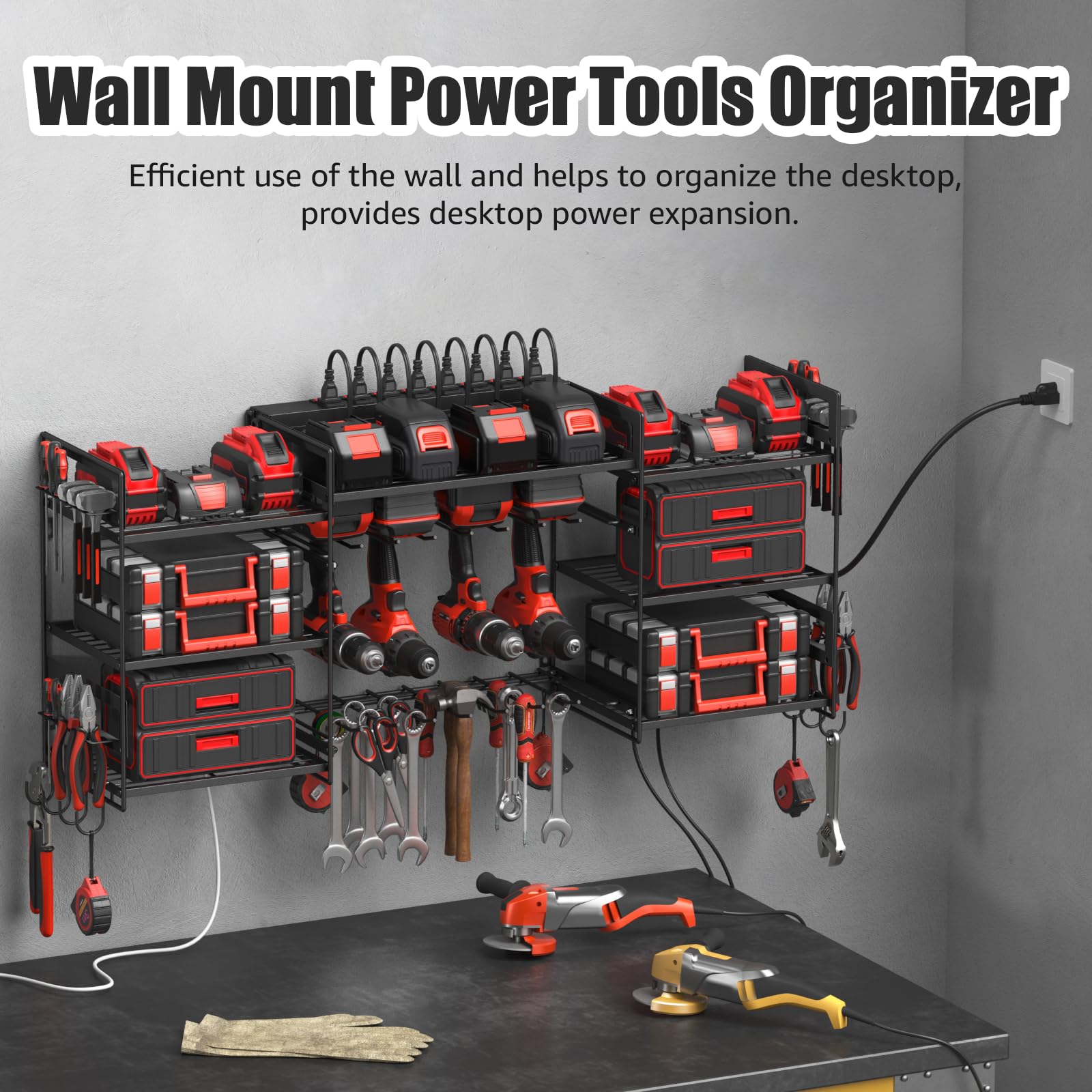 CCCEI Black Power Tools Organizers Wall Mount, Large Tools and Battery Storage Rack Charging Station. 8 Drill Holder, All Metal, Garage Utility Shelves with 6FT Power Strip. Gift for Men.