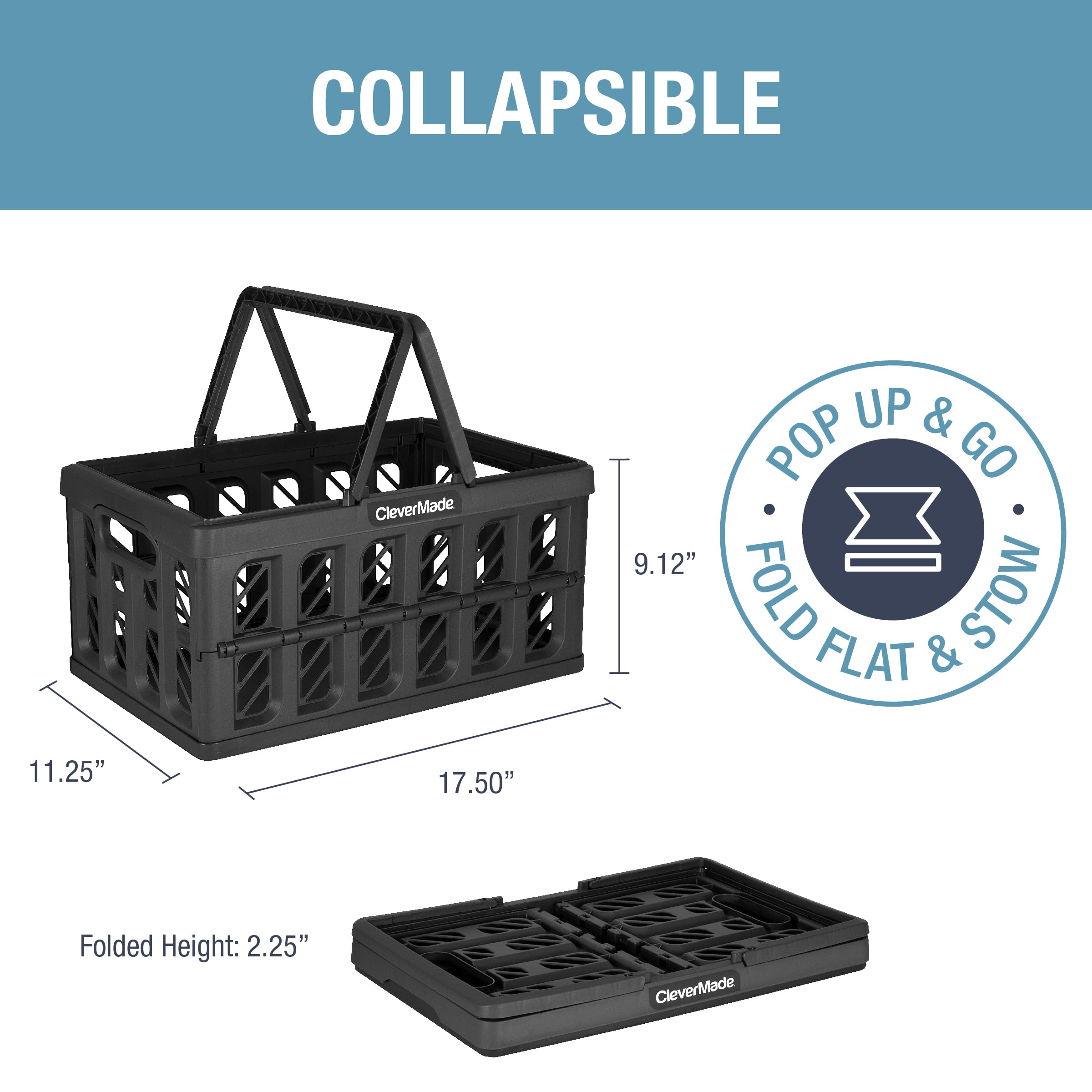 CleverMade Collapsible Shopping Basket, Obsidian, 3PK - 24L (6 Gal) Reusable Plastic Grocery Shopping Baskets, Holds 25lbs Per Basket - Small Foldable Storage Crates with Handles