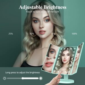 HUONUL Makeup Mirror Vanity with Lights, 2X 3X 10X Magnification, Lighted Mirror, Touch Control, Trifold Dual Power Supply, Portable LED Women Gift (Green)