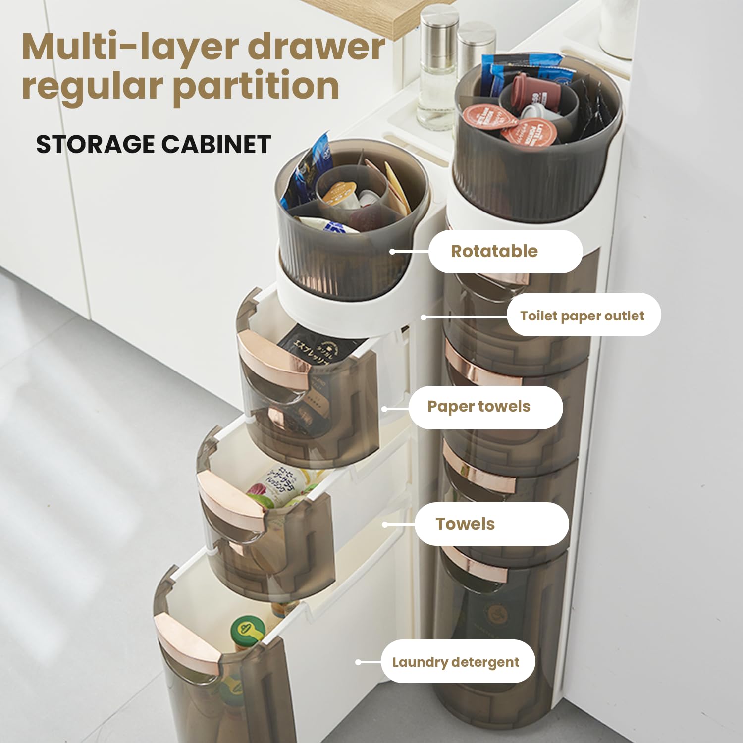 Slim Bathroom Storage Cabinet 【3-Tiers No-Assembly】17cm Narrow Bathroom Floor Cabinet with Wheels Toilet Paper Holder, Multifunctional Storage, Waterproof, Perfect For Small Spaces and Gaps White 1PCS