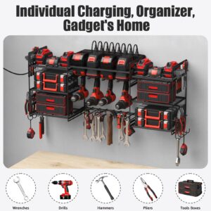 CCCEI Black Power Tools Organizers Wall Mount, Large Tools and Battery Storage Rack Charging Station. 8 Drill Holder, All Metal, Garage Utility Shelves with 6FT Power Strip. Gift for Men.