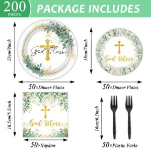 Naozinebi 200Pcs God Bless Baptism Plates Napkins First Holy Communion Party Tableware Set Christening Ceremony Dinnerware Confirmation Paper Plates for Mi Bautizo Baby Shower Decor Supplies Serve 50