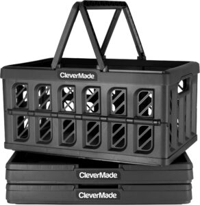 clevermade collapsible shopping basket, obsidian, 3pk - 24l (6 gal) reusable plastic grocery shopping baskets, holds 25lbs per basket - small foldable storage crates with handles