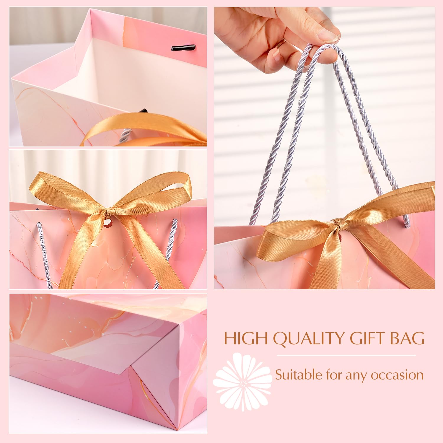 MAMUNU Pink Gift Bags, 2PCS 13” Large Gift Bags with Tissue Paper and Greeting Cards, Gift Bags with Handles Bow for Women Girls, Pink Gift Bags for Birthday Wedding Bridal Baby Shower Anniversaries