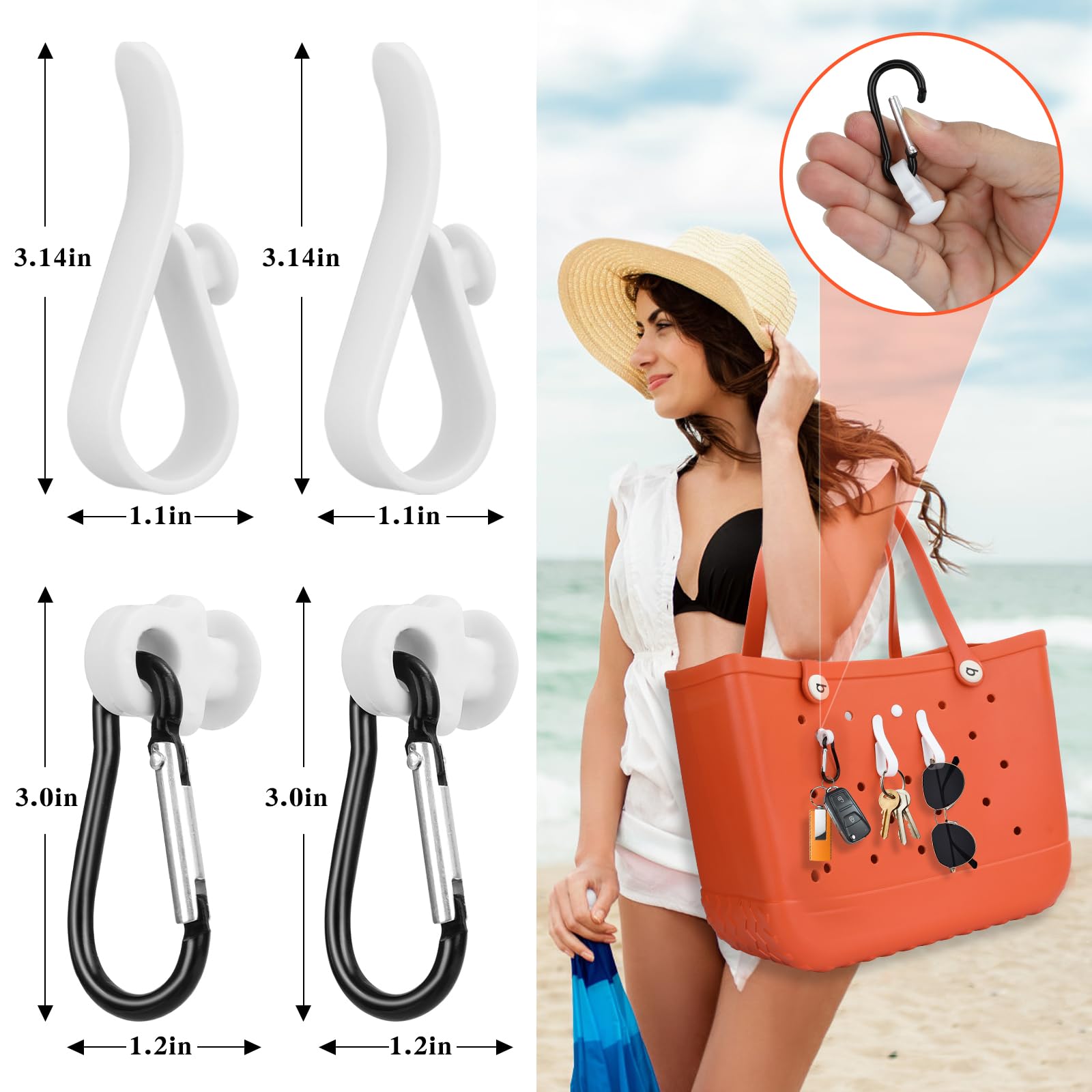 Muswelf 4PCS Accessories for Bogg Bag, Two Styles of Hooks for Bogg Bag, Key Holder for Bogg Bag Hanging Keys, Sunglasses, Headphones and Other Small Items on Your Beach Bag, Convenient and Practical