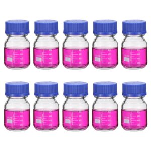 patikil 10 pack reagent media storage bottles, 100ml borosilicate glass graduated round bottles with gl32 blue screw cap for lab water reagent liquids, clear