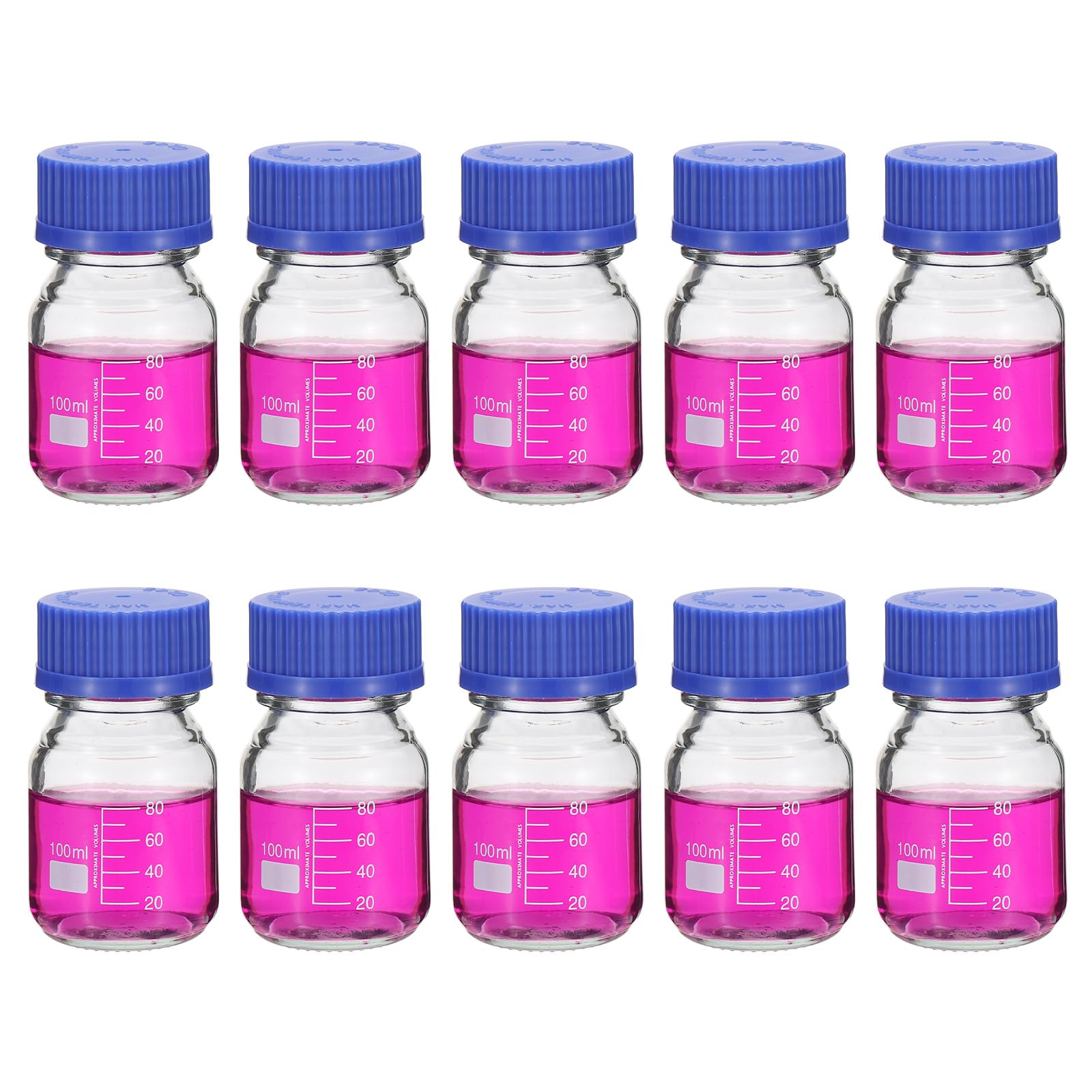 PATIKIL 10 Pack Reagent Media Storage Bottles, 100ml Borosilicate Glass Graduated Round Bottles with GL32 Blue Screw Cap for Lab Water Reagent Liquids, Clear