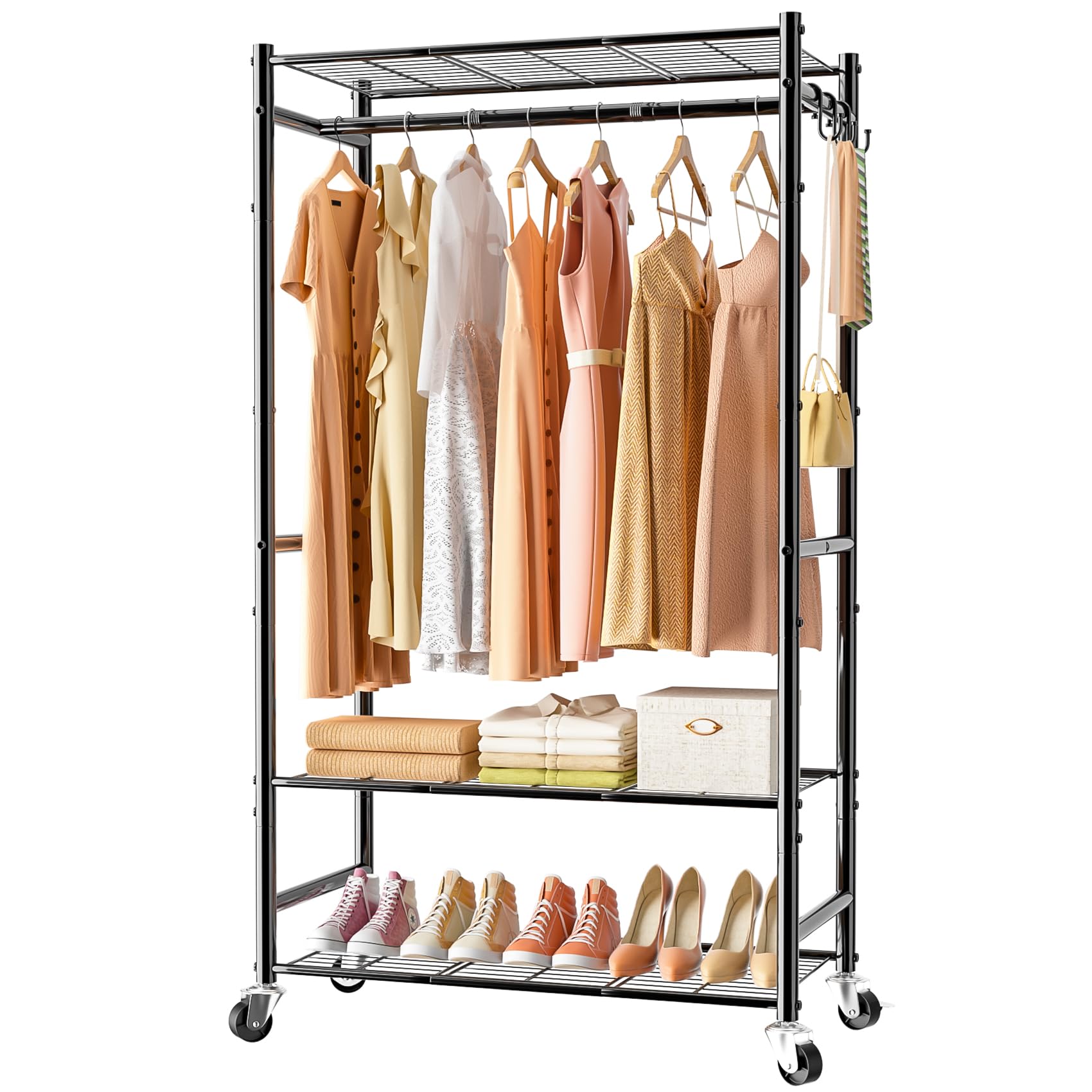 Neatrays Rolling Clothes Rack for Hanging Clothes,Heavy Duty Garment Rack with 3 Tier Wire Shelves,Freestanding Portable Clothing Rack Wardrobe Rack, Black